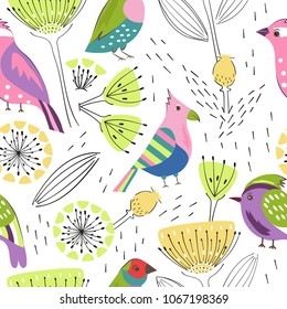 seamless pattern with different plants and birds naive style. Flowers and bright birds stylized on white background
