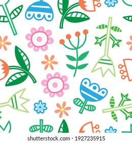 Seamless pattern with different plants and  flowers on  white background. Vector print with herbs. Botanical doodle wallpaper.