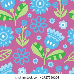 Nahtloses Muster mit verschiedenen Pflanzen und Blumen auf rosafarbenem Hintergrund. Vektorgrafik mit Kräutern. Botanische Doodle-Tapete.