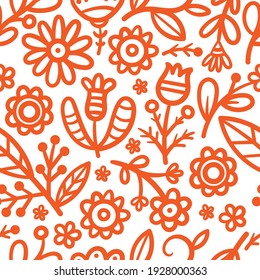 Seamless pattern with different plants and  flowers on  white background. Vector print with herbs. Botanical doodle wallpaper.