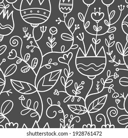 Seamless pattern with different plants and  flowers on  dark background. Vector print with herbs. Botanical doodle wallpaper.
