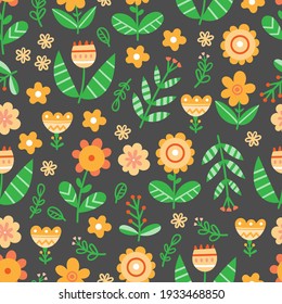 Seamless pattern with different plants and  flowers on dark background. Vector print with herbs. Botanical doodle wallpaper.