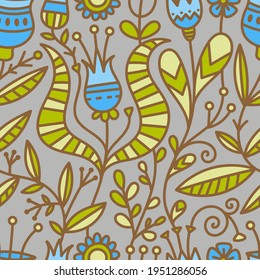 Seamless pattern with different plants and  flowers on  grey background. Vector print with herbs. Botanical doodle wallpaper.