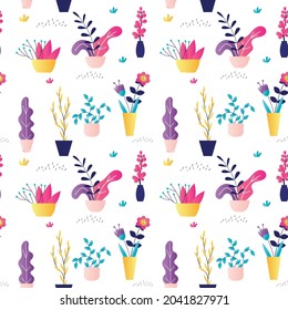 Seamless pattern with different plants and flowers. Repeating background with various simple plants. Print with colorful houseplant in pots. Botanical texture for fabric. Flat vector illustration