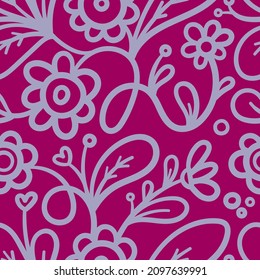 Seamless pattern with different plants and  flowers on purple background. Vector print with herbs. Botanical doodle wallpaper.