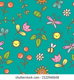 Seamless pattern with different plants and flowers on green background. Vector print with herbs. Botanical doodle wallpaper.