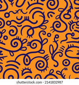 Seamless pattern with different plants on orange background. Vector print with herbs. Cartoon doodle forest.