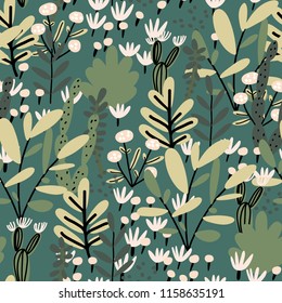 Seamless pattern with different plants. Perfect for fabric, textile. Vector background.