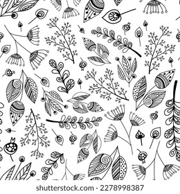 Seamless pattern with different plants. Vector file for designs.