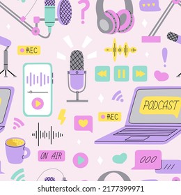 Seamless pattern with different podcast stuff. Headphones, microphones, laptop, equalizer, speech bubbles. Hand drawn vector illustration isolated on colored background. Modern flat cartoon style.