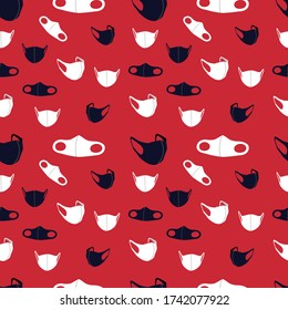seamless pattern with different position of scuba face masks and respirators on red background