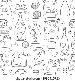 Seamless pattern of different pots and bottles. Pots with fruits and vegetables. Jam and canned food. Vector illustration in doodle style.