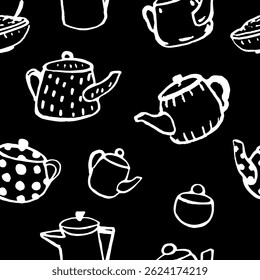 Seamless pattern different pots. Hand draw doodle chalk texture. Vector, isolated.