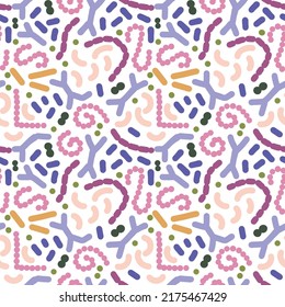 Seamless pattern with different probiotics. Flat simple vector illustration for Medicine or dietary supplements for gastrointestinal health. Bifidobacterium, lactobacillus, streptococcus thermophilus,