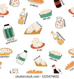 Seamless pattern with different probiotics food. Set of fermented food. Miso, kombucha, kefir and others. Vector hand drawn background for web design, app, card.