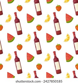 Seamless pattern, different products, food. fish, pepper, tomato, watermelon, croissant, vector. For wrapping paper, fabric, background
