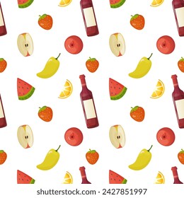 Nahtloses Muster, verschiedene Produkte, Essen. Fisch, Pfeffer, Tomate, Wassermelone, Croissant, Vektor. Zum Einwickeln von Papier, Stoff, Hintergrund