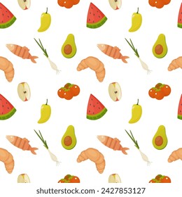 Seamless pattern, different products, food. fish, pepper, tomato, watermelon, croissant, vector. For wrapping paper, fabric, background
