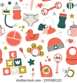 Seamless pattern with different products for newborn babies.
Toys, health care, feeding and development.
Cute design for boys and girls. Hand drawn vector illustration. Print, fabric, wrapping paper.