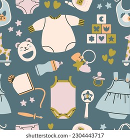 Patrón transparente con diferentes productos para recién nacidos. Juguetes, suministros de alimentación y ropa. Impresión, tela, papel envolvente, etc. Diseño compacto con colores de moda. Ilustración vectorial dibujada a mano.
