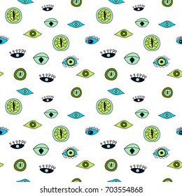 Seamless pattern with different psychedelic green and blue eyes on white background.