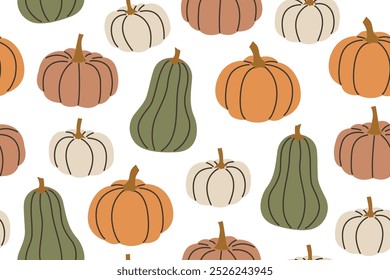 seamless pattern with different pumpkin; Halloween, autumn background - vector illustration