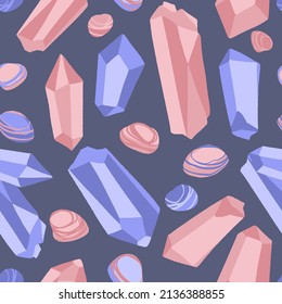 Seamless pattern with different quartz crystals and stones for spiritual practices, yoga or wellness. Hand drawn vector illustration in trendy flat style. Repeat ornament for wrapping or textile. 