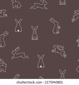 Seamless pattern with different rabbits white contour background. Print design for textiles vector illustration