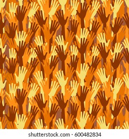 Seamless pattern with different races, colors, nationalities hands up. Vector silhouette  background. Diverse ethnicity hands raised. Asian, arab, african, american, european hands and palms. 