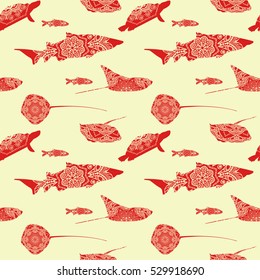 Seamless pattern with different red fishes on beige background with mandalas, vector illustration.