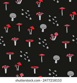 Seamless pattern with different red and gray mushrooms, dark abstract mushroom background.