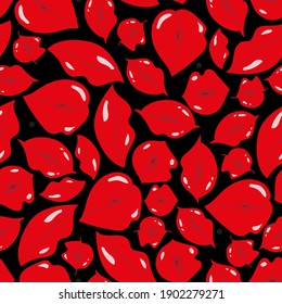 Seamless pattern with different red lips on a black background. Vector illustration for fabric, postcards, wallpaper, covers, packaging, wrapping paper.