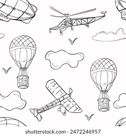 Seamless pattern with different retro air transport outline. Endless background with simple monochrome airplane, hot air balloon silhouette hand drawn ink. Airships in clouds in vector doodles style