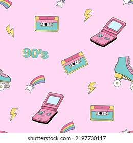 Seamless pattern of different retro elements on pink background. Roller Skates, cassette, star, lightning and other elements. Hand drawn vector illustration. Comic style 80s and 90s