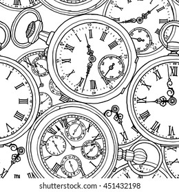 Seamless pattern with a different retro pocket watches. Vector black and white illustration.