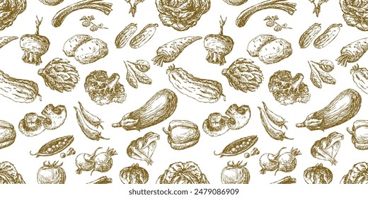 Seamless pattern of different ripe vegetables sketches, hand drawn vector background, wallpaper, paper,