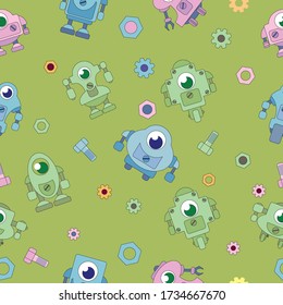 Seamless pattern with different robots and details.