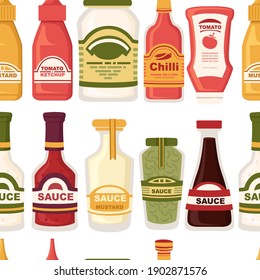 Seamless pattern of different sauces in glass bottles mayonnaise ketchup wasabi mustard vector illustration on white background