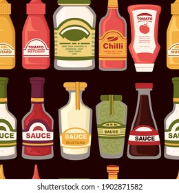 Seamless pattern of different sauces in glass bottles mayonnaise ketchup wasabi mustard vector illustration on dark background