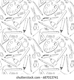 Seamless pattern with different school supplies on white background