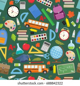 Seamless pattern with different school supplies on a green chalkboard background. Decoration elements for Back to school holiday. Vector