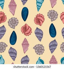 Seamless pattern of different sea shells, vector