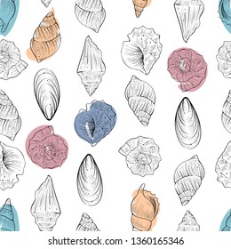 Seamless pattern of different sea shells, vector