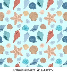 Seamless pattern with different sea shells on a light blue background. Flat vector