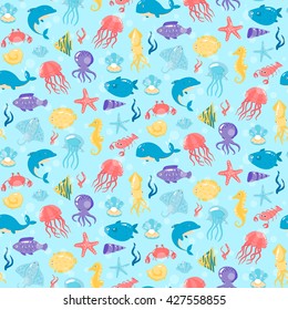 Seamless pattern with different sea underwater animals in cute cartoon style. vector illustration