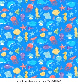 Seamless pattern with different sea underwater animals in cute cartoon style. vector illustration