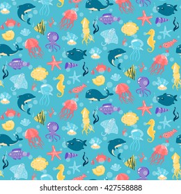 Seamless pattern with different sea underwater animals in cute cartoon style. vector illustration