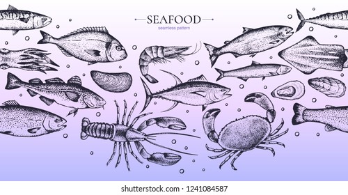 Patrón inoxidable con diferentes mariscos: langosta, cangrejo, dorado, atún, camarón, bacalao, caballa, ostra, mejillón, atún, salmón y anchoa. Aislado en segundo plano. Vector. Dibujado a mano.