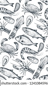 Seamless pattern with different seafood: lobster, crab, dorado, tuna, shrimp, codfish, mackerel, oyster, mussel, tuna, salmon and anchovy. White background. Vector. Hand-drawn.