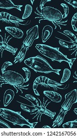 Seamless pattern with different seafood: lobster, crab, dorado, tuna, shrimp, codfish, mackerel, oyster, mussel, tuna, salmon and anchovy. Black background and azure silhouettes. Vector. Hand-drawn.